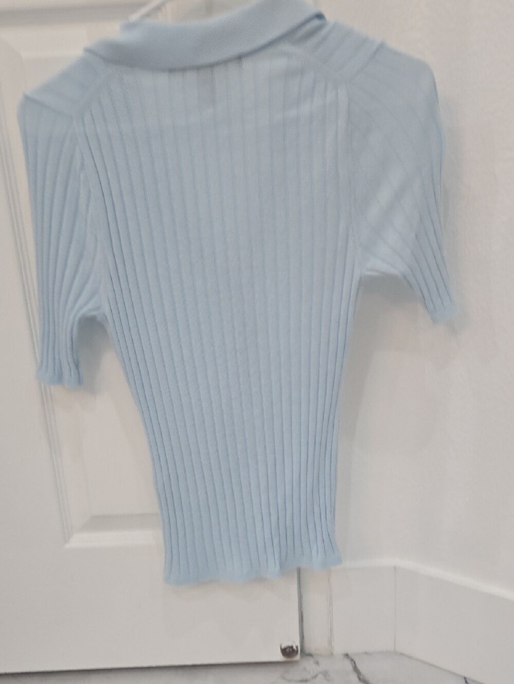 White House Black Market Light Blue Ribbed Collared Button Tee - Picture 3 of 3
